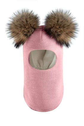 Зимова шапочка-шолом Corona.hm "Карамелька" рожевий з 2 натуральними помпонами єнот