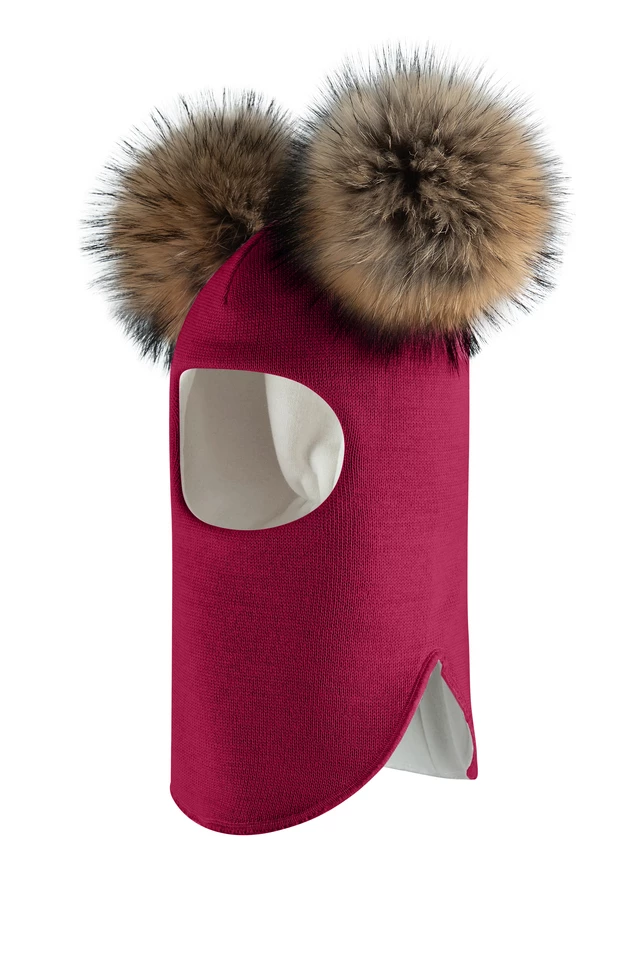 Зимова шапочка-шолом Corona.hm "Карамелька" ягідний з 2 натуральними помпонами єнот