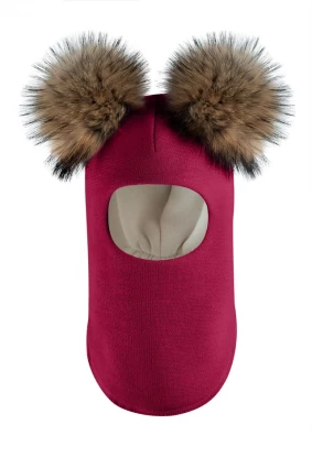 Зимова шапочка-шолом Corona.hm "Карамелька" ягідний з 2 натуральними помпонами єнот