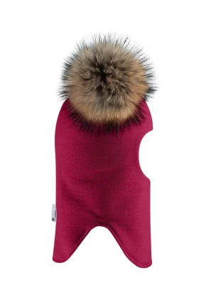 Зимова шапочка-шолом Corona.hm "Карамелька" ягідний з 2 натуральними помпонами єнот