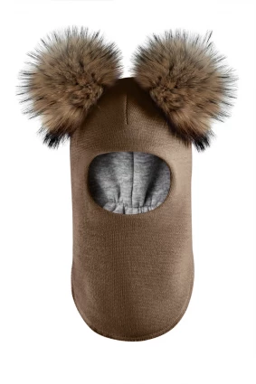 Зимова шапочка-шолом Corona.hm "Карамелька" молочний шоколад з 2 натуральними помпонами єнот