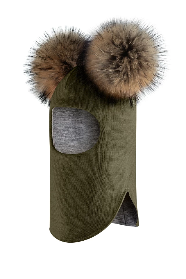 Зимова шапочка-шолом Corona.hm "Карамелька" хакі з 2 натуральними помпонами єнот