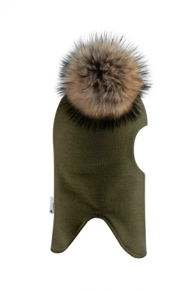 Зимова шапочка-шолом Corona.hm "Карамелька" хакі з 2 натуральними помпонами єнот
