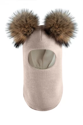 Зимова шапочка-шолом Corona.hm "Карамелька" лате з 2 натуральними помпонами єнот