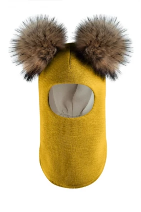 Зимова шапочка-шолом Corona.hm "Карамелька" медовий з 2 натуральними помпонами єнот