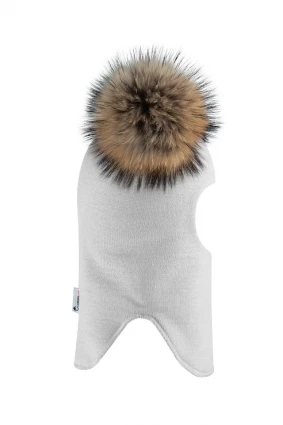 Зимова шапочка-шолом Corona.hm "Карамелька" молоко з 2 натуральними помпонами єнот