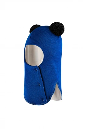 Зимова шапочка-шолом Corona.hm "Пандочка з чорними помпонами" на кнопочках електрик