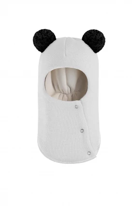 Зимова шапочка-шолом Corona.hm "Пандочка з чорними помпонами" на кнопочках молоко