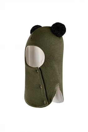 Зимова шапочка-шолом Corona.hm "Пандочка з чорними помпонами" на кнопочках хакі