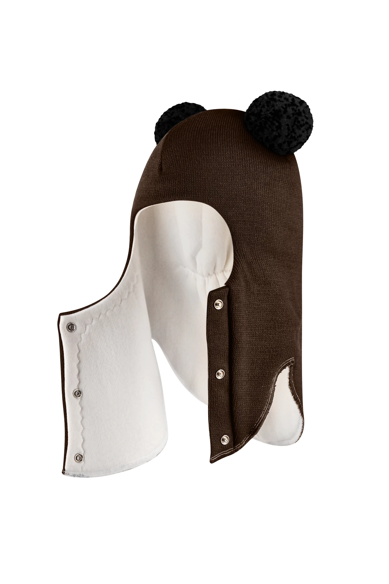 Зимова шапочка-шолом Corona.hm "Пандочка з чорними помпонами" на кнопочках шоколад