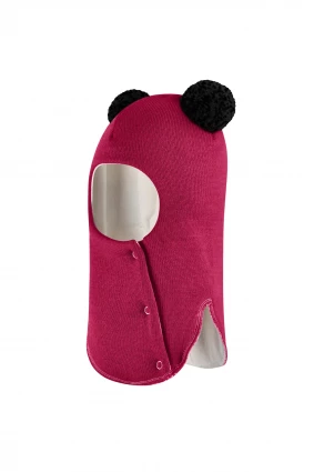 Зимова шапочка-шолом Corona.hm "Пандочка з чорними помпонами" на кнопочках ягідний