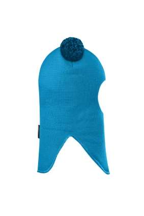 Зимова шапочка-шолом Corona.hm "Пандочка з помпонами МЕЛАНЖ" на кнопочках бірюза