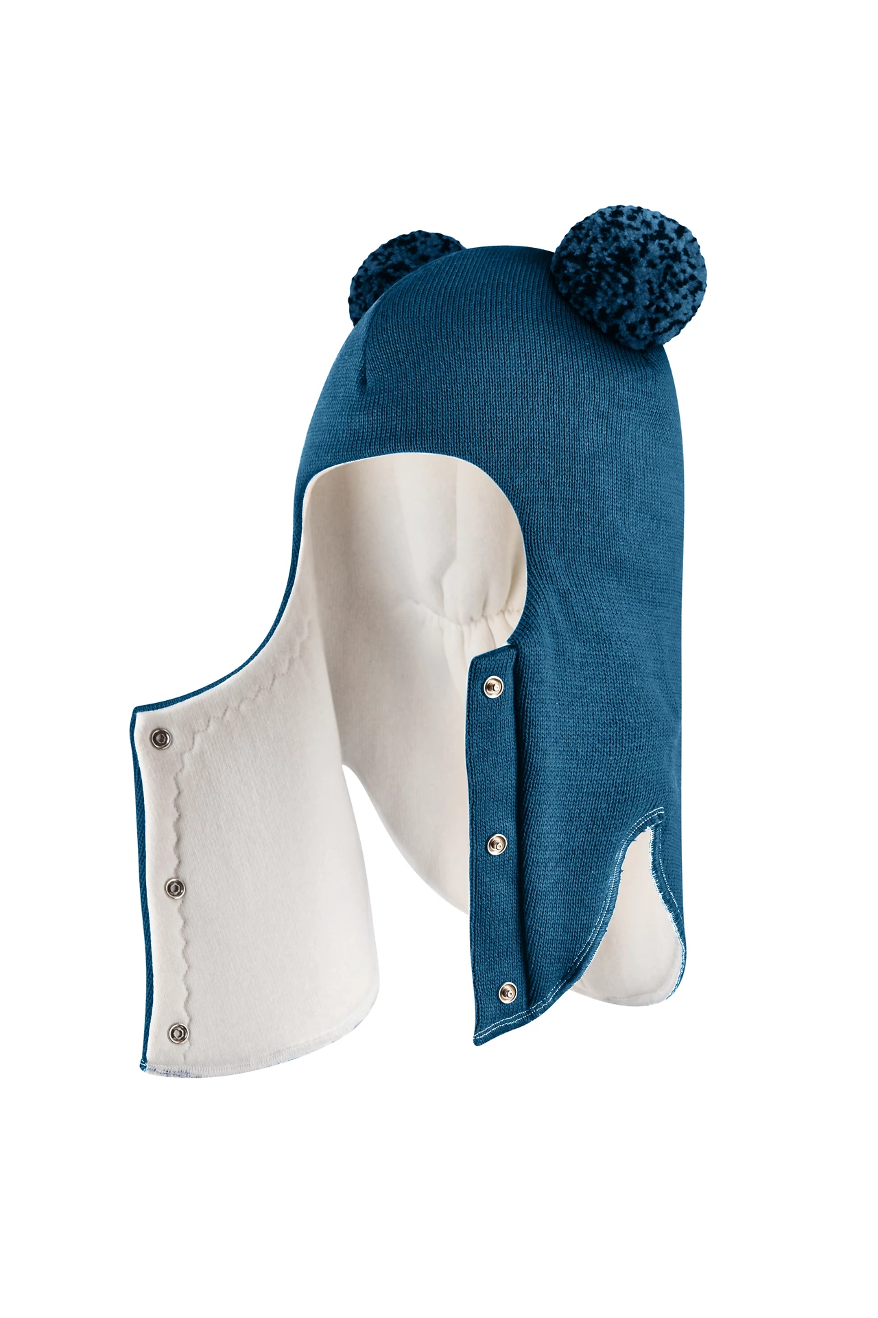 Зимова шапочка-шолом Corona.hm "Пандочка з помпонами МЕЛАНЖ" на кнопочках морська хвиля