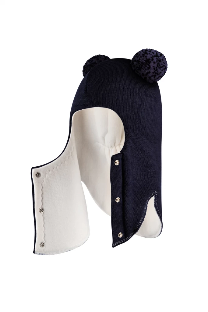 Зимова шапочка-шолом Corona.hm "Пандочка з помпонами МЕЛАНЖ" на кнопочках синій