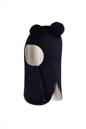 Зимова шапочка-шолом Corona.hm "Пандочка з помпонами МЕЛАНЖ" на кнопочках синій