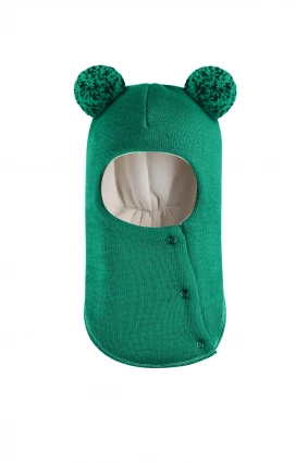 Зимова шапочка-шолом Corona.hm "Пандочка з помпонами МЕЛАНЖ" на кнопочках смарагд