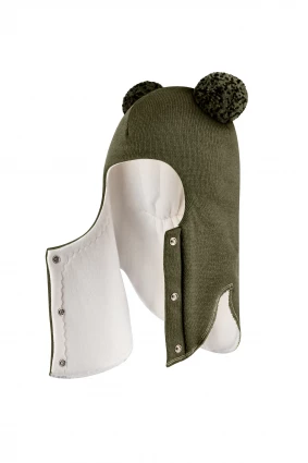 Зимова шапочка-шолом Corona.hm "Пандочка з помпонами МЕЛАНЖ" на кнопочках хакі