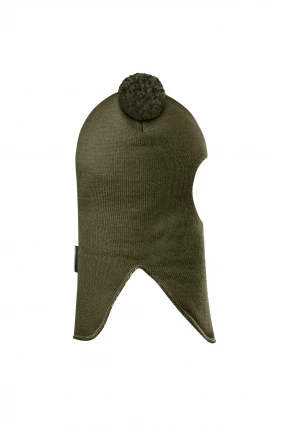 Зимова шапочка-шолом Corona.hm "Пандочка з помпонами МЕЛАНЖ" на кнопочках хакі