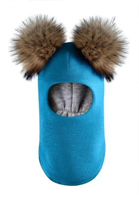 Зимова шапочка-шолом Corona.hm "Карамелька" бірюза  з 2 натуральними помпонами єнот