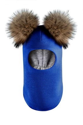 Зимова шапочка-шолом Corona.hm "Карамелька"  електрик з 2 натуральними помпонами єнот