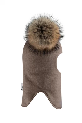 Зимова шапочка-шолом Corona.hm "Карамелька"  капучіно з 2 натуральними помпонами єнот