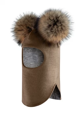 Зимова шапочка-шолом Corona.hm "Карамелька"  молочний шоколад з 2 натуральними помпонами єнот