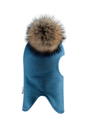 Зимова шапочка-шолом Corona.hm "Карамелька"  морська хвиля з 2 натуральними помпонами єнот