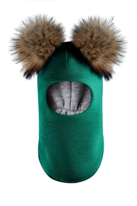 Зимова шапочка-шолом Corona.hm "Карамелька"  смарагд з 2 натуральними помпонами єнот