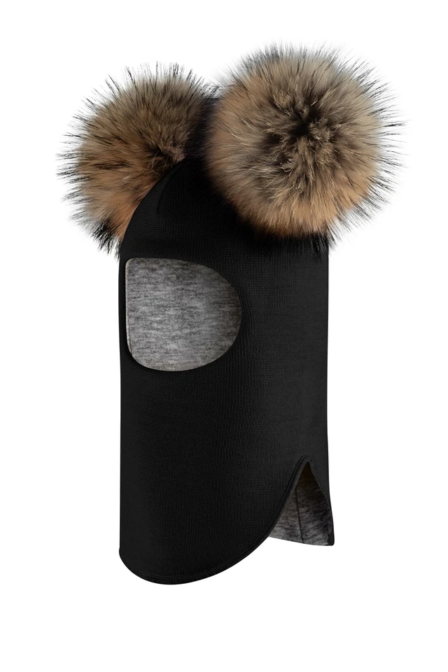 Зимова шапочка-шолом Corona.hm "Карамелька"  чорний з 2 натуральними помпонами єнот