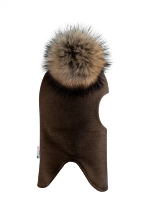 Зимова шапочка-шолом Corona.hm "Карамелька"  шоколад з 2 натуральними помпонами єнот