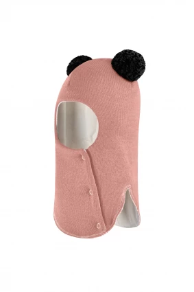 Зимова шапочка-шолом Corona.hm "Пандочка з чорними помпонами" на кнопочках пудра
