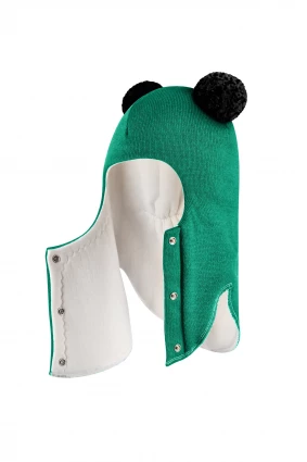 Зимова шапочка-шолом Corona.hm "Пандочка з чорними помпонами" на кнопочках смарагд
