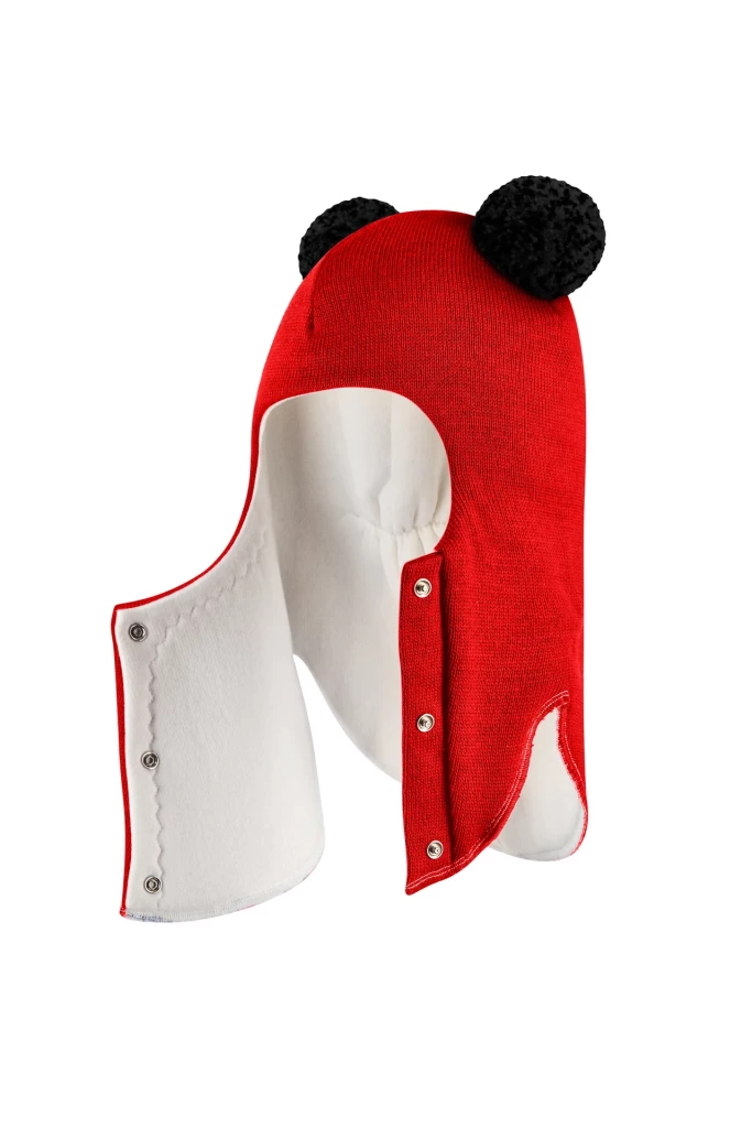 Зимова шапочка-шолом Corona.hm "Пандочка з чорними помпонами" на кнопочках червоний
