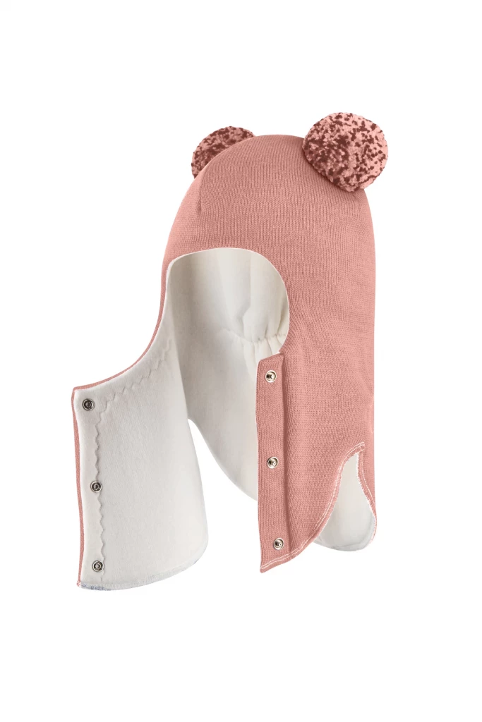 Зимова шапочка-шолом Corona.hm "Пандочка з помпонами МЕЛАНЖ" на кнопочках пудра